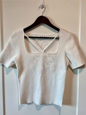 Grey Lab White Ribbed Square Neck Crisscross Short Sleeve Top Size Large